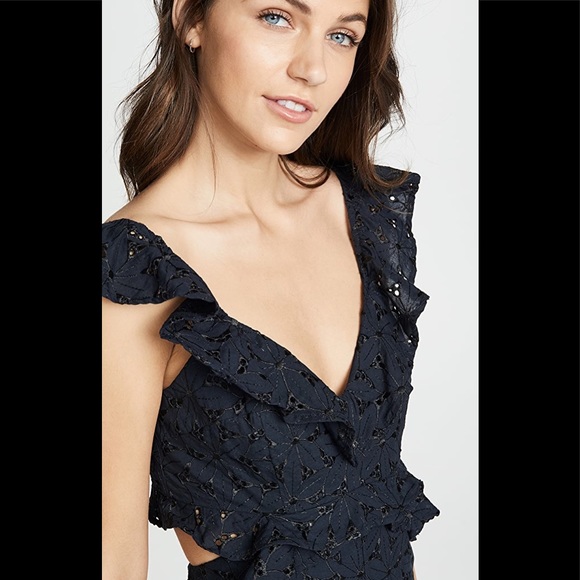 ASTR ALEXIS ROMPER Ruffle Cut Out Back Eyelet Floral Embroidery Dark Blue - Picture 13 of 16